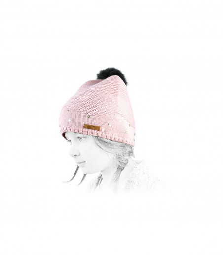 Barts bonnet rose enfant pompon fourru